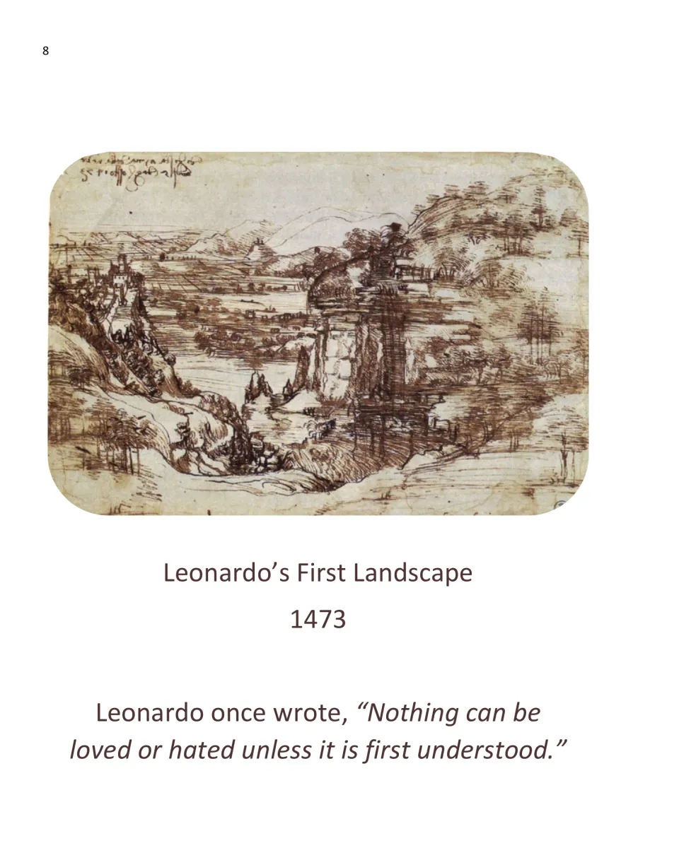 Leonardo’s First Landscape art page pairs his 1473 drawing with a quotation about understanding before love or hate