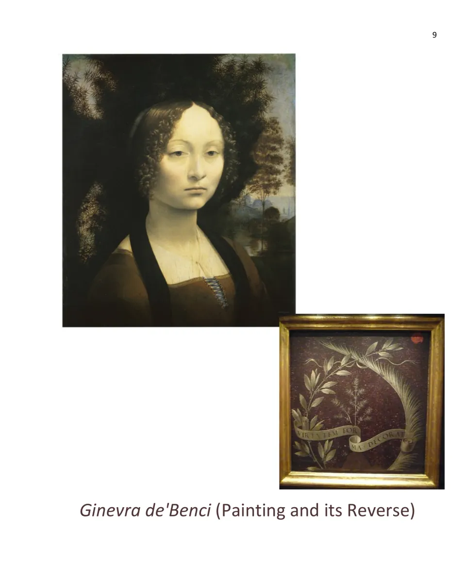 Ginevra de’ Benci art page shows Leonardo’s portrait and its reverse, featuring foliage and a lettered ribbon