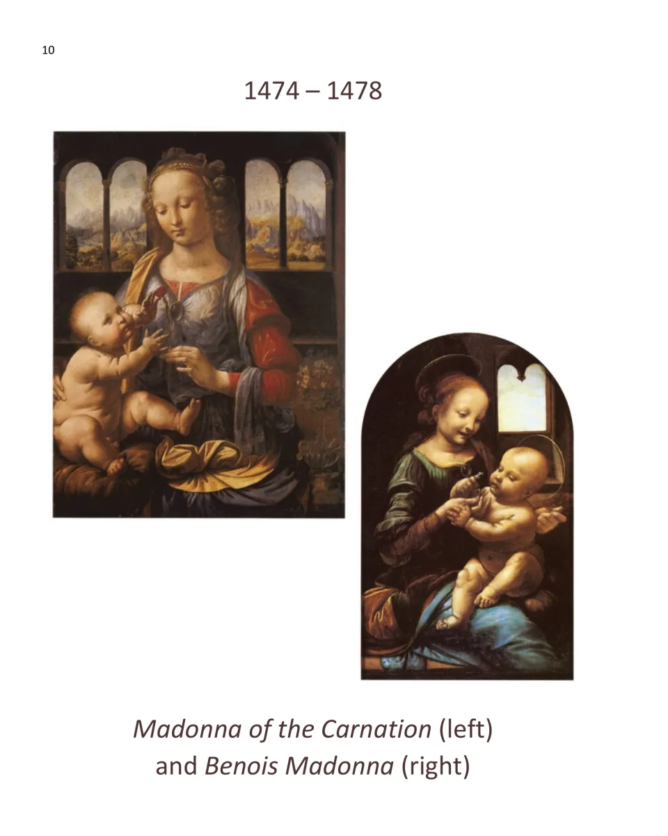 Madonna paintings page presents Madonna of the Carnation and Benois Madonna under the date range 1474–1478