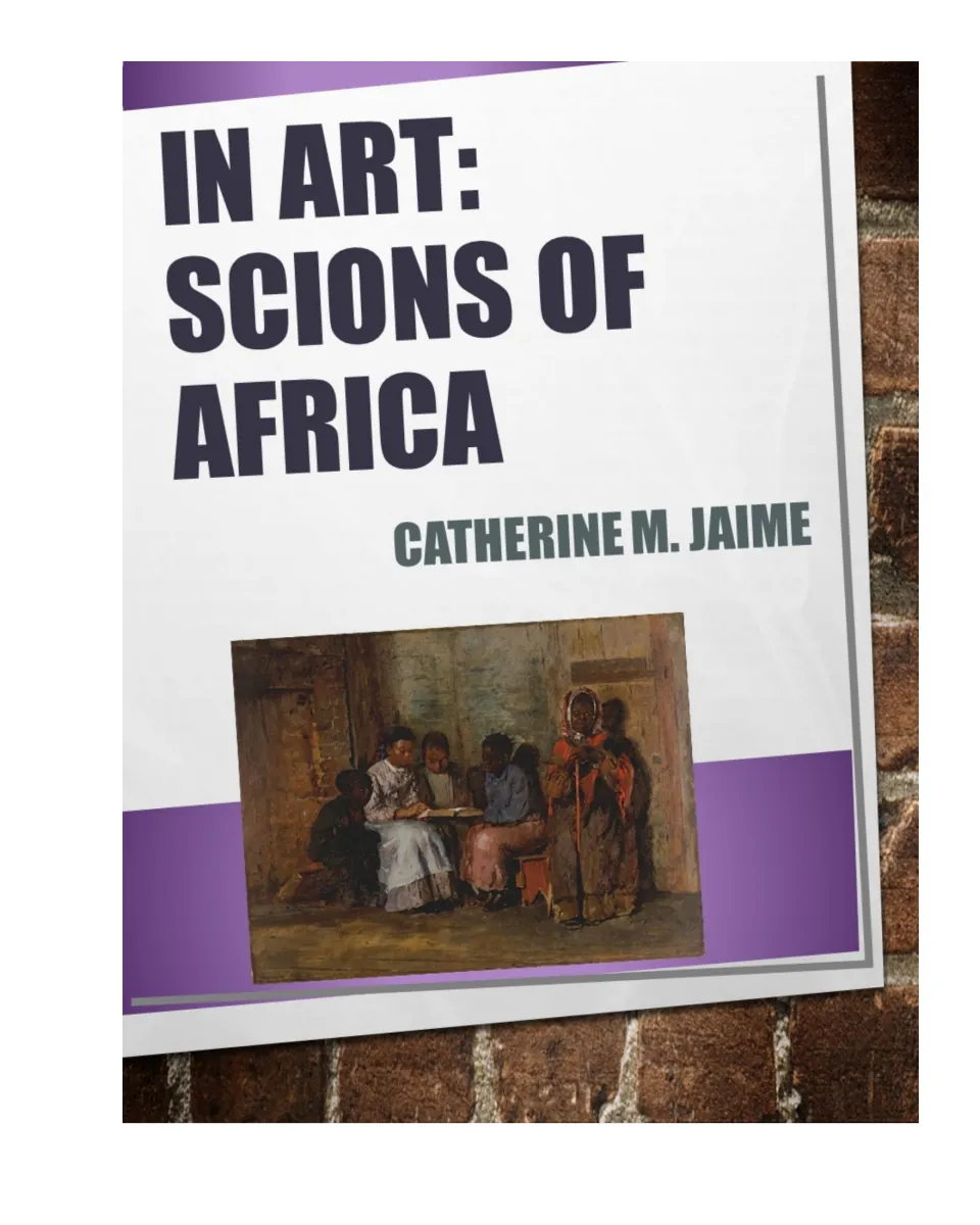Cover of In Art: Scions of Africa by Catherine M. Jaime, featuring a painting of children gathered together
