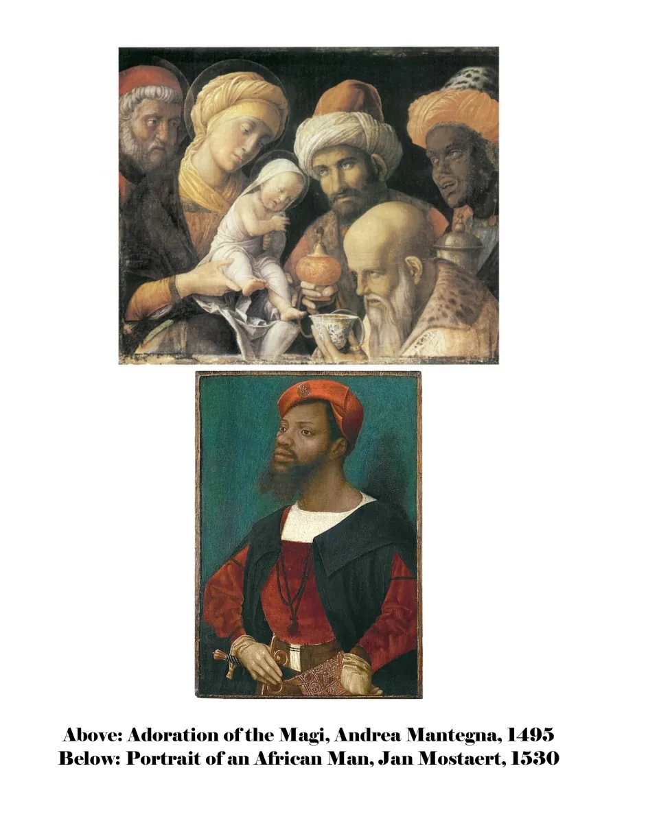 Art collection page pairing Mantegna's Adoration of the Magi with Mostaert's Portrait of an African Man