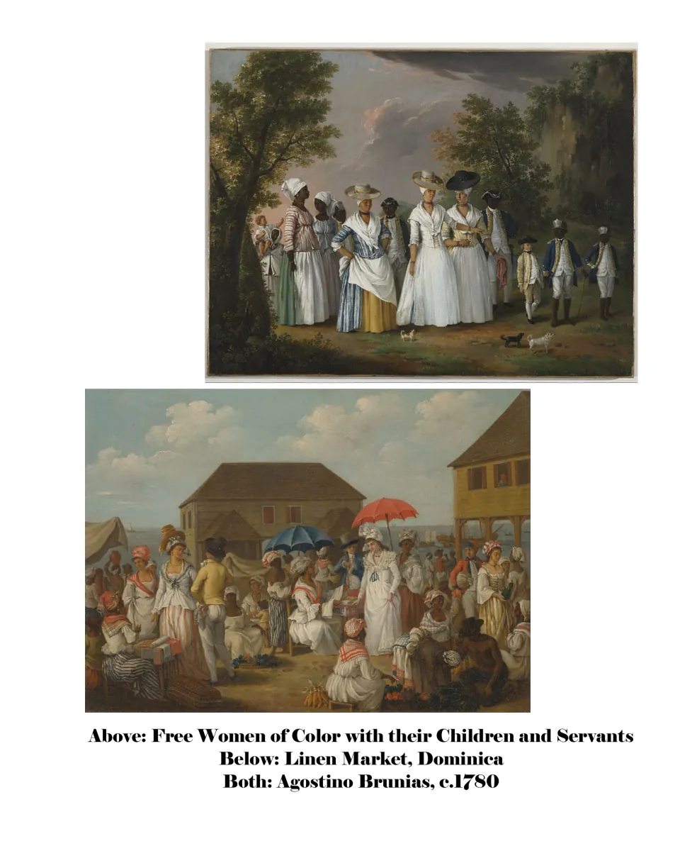 Art collection page pairing Brunias's Free Women of Color with their Children and Servants and Linen Market, Dominica