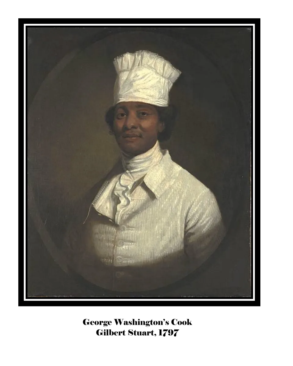 Art collection page showing a cook in white clothing, labeled George Washington's Cook, Gilbert Stuart, 1797