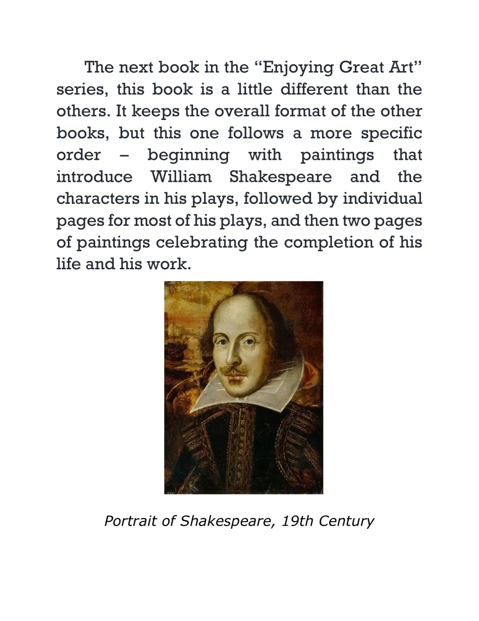 Introduction explaining the book's sequence of Shakespeare artwork, with a 19th-century Shakespeare portrait
