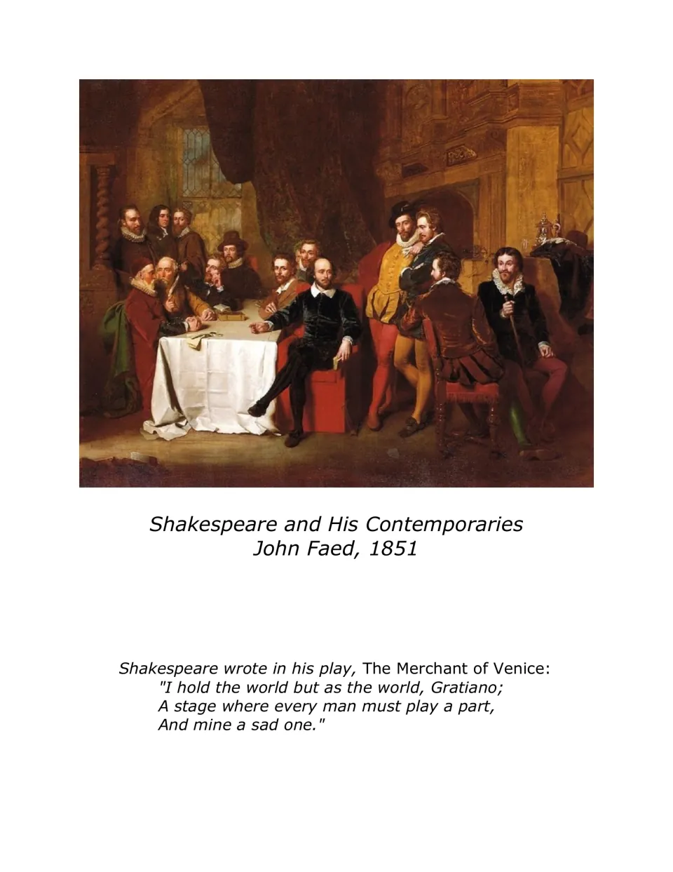 Art selection: Shakespeare and His Contemporaries by John Faed, 1851, with a Merchant of Venice quotation
