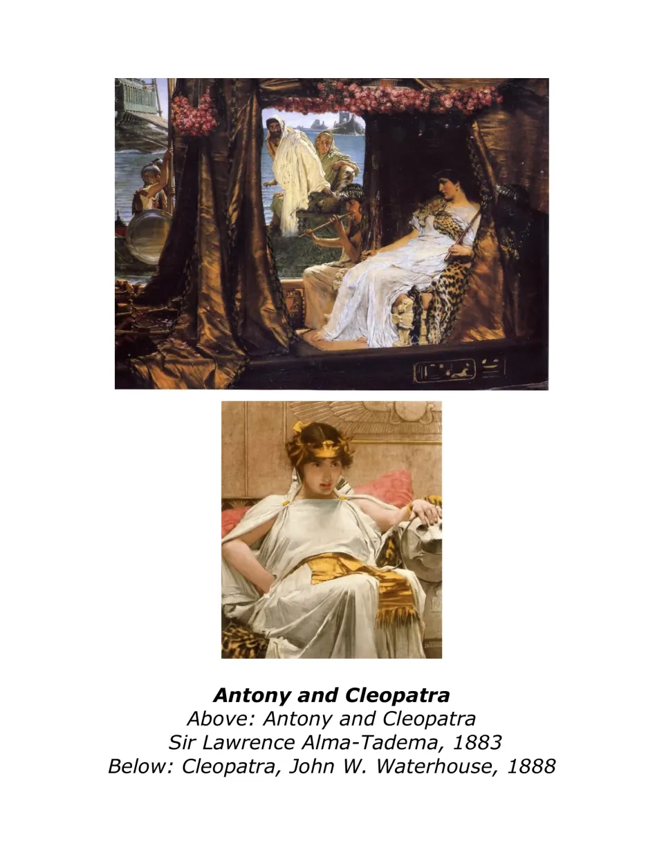 Antony and Cleopatra art page featuring Alma-Tadema's 1883 Antony and Cleopatra and Waterhouse's 1888 Cleopatra