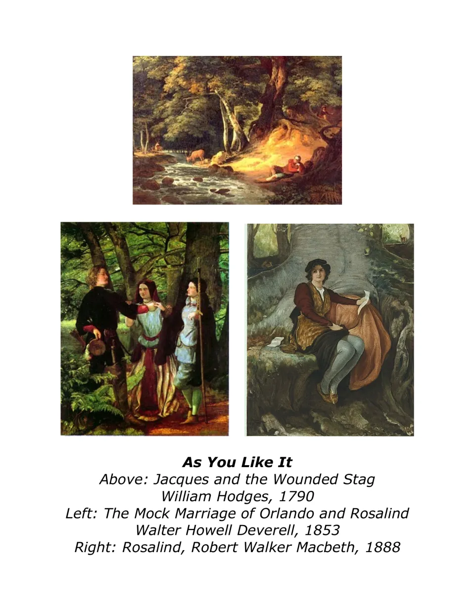 As You Like It art page: Jaques and the Wounded Stag, The Mock Marriage of Orlando and Rosalind, and Rosalind