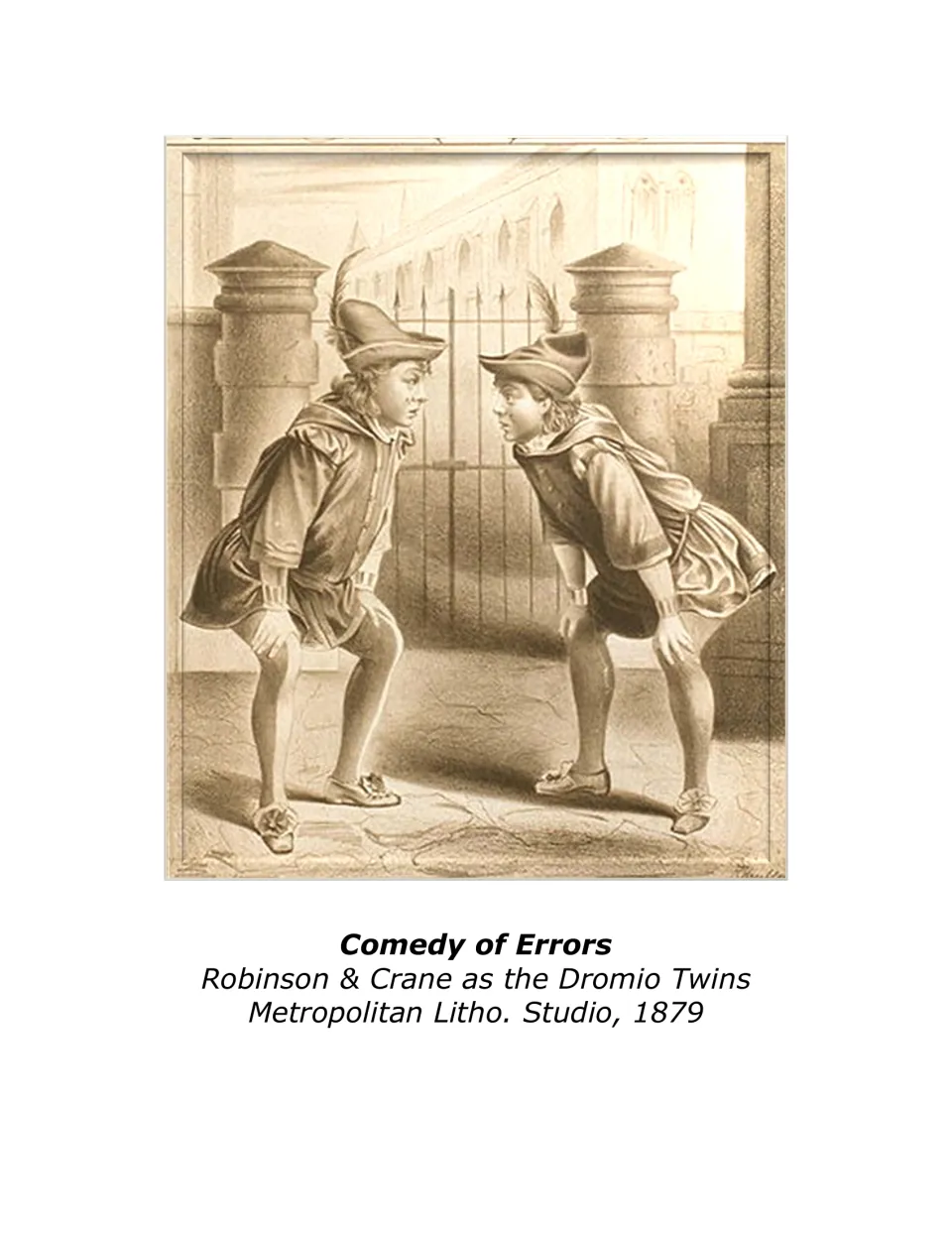 Comedy of Errors art page showing Robinson & Crane as the Dromio Twins, Metropolitan Litho. Studio, 1879
