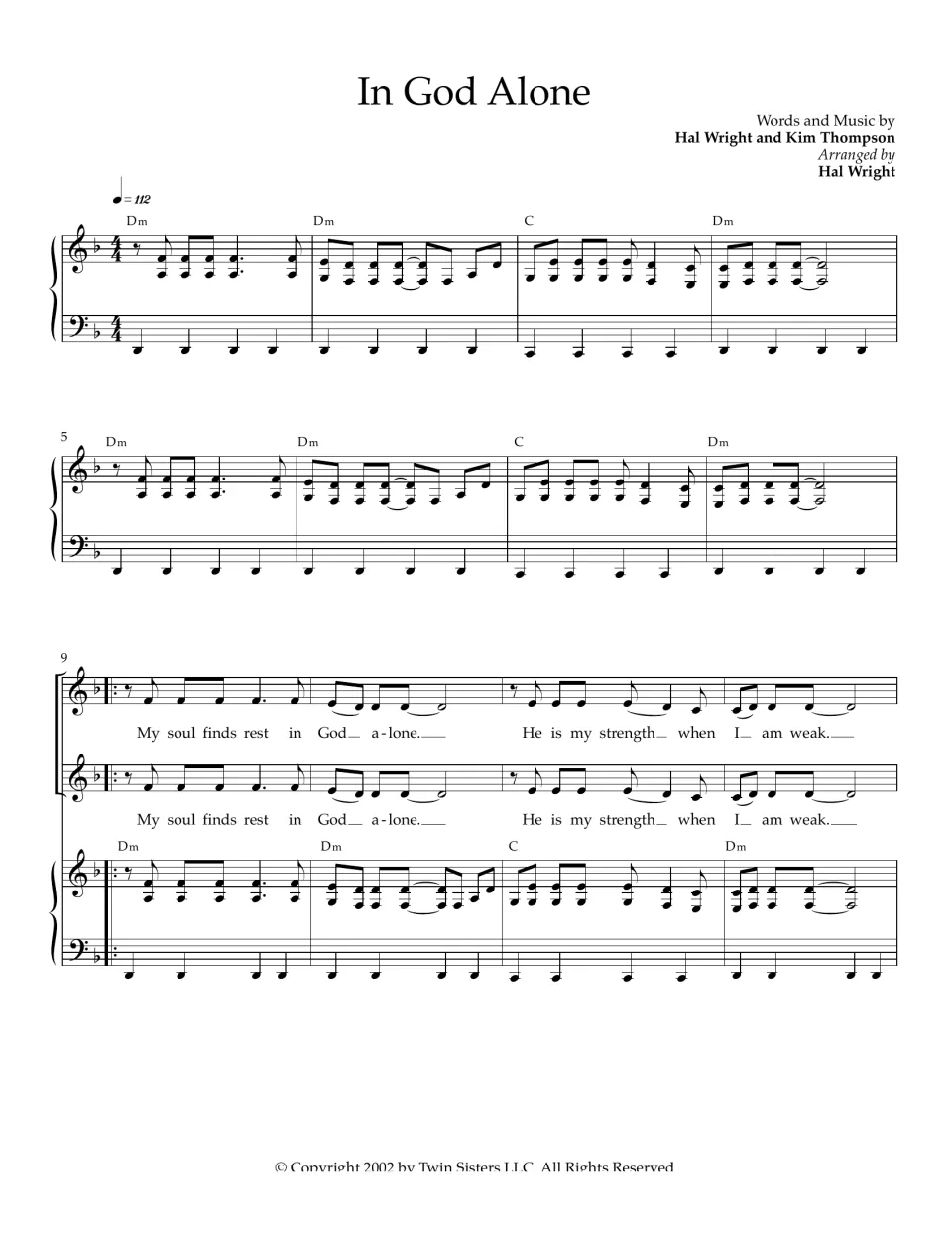 In God Alone score, bars 1-12: D minor piano intro, then two vocal parts begin "My soul finds rest" over Dm and C