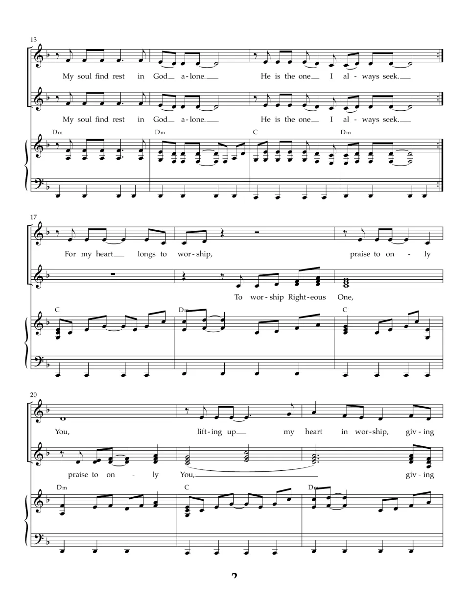 Song score, bars 13-22: two voices sing "He is the one I always seek" then move to "For my heart longs to worship"