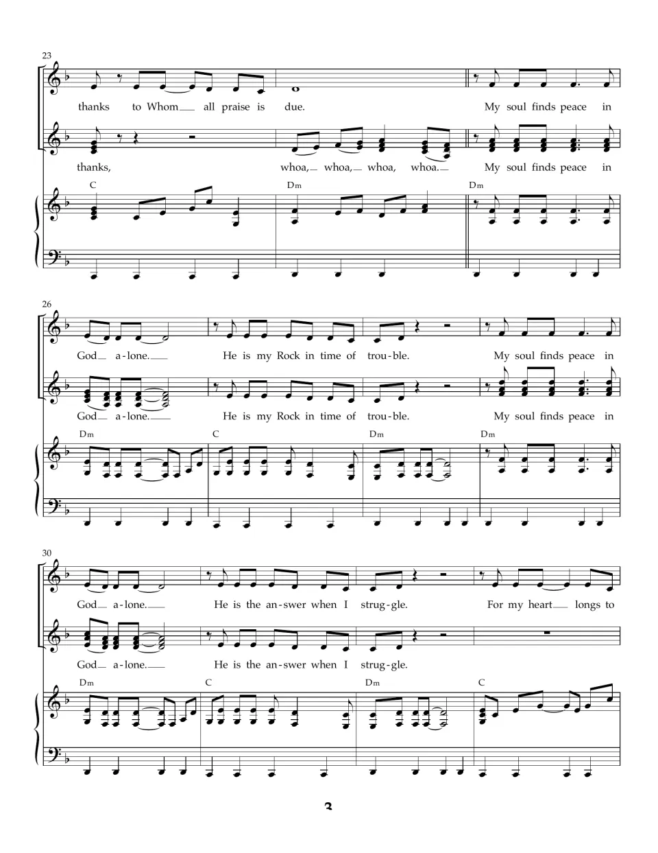 Song score, bars 23-33: "all praise is due" with whoa echoes, then new lyrics "He is my Rock in time of trouble"