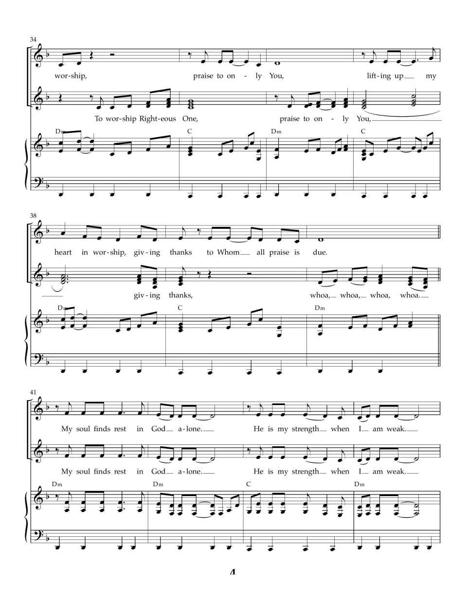 Song score, bars 34-44: "lifting up my heart in worship" and whoa echoes, then "He is my strength when I am weak" returns