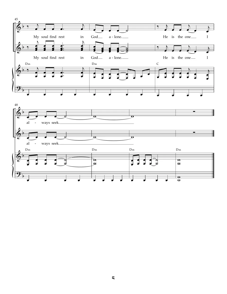 Song score ending, bars 45-51: both voices sing "He is the one I always seek" held over D minor chords to the final bar