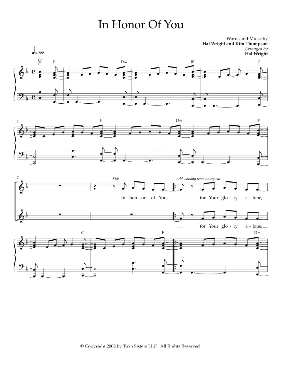 In Honor of You, words and music by Hal Wright and Kim Thompson: piano intro in F, then kids sing the first vocal line