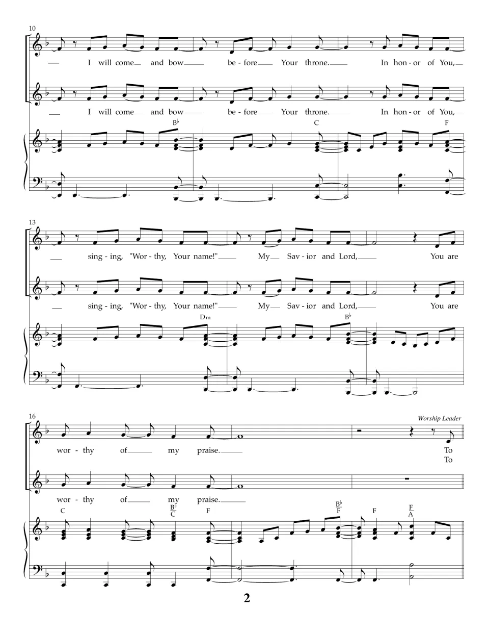 Measures 10-18 in F: two vocal parts sing "I will come and bow before Your throne" and "My Savior and Lord" over piano