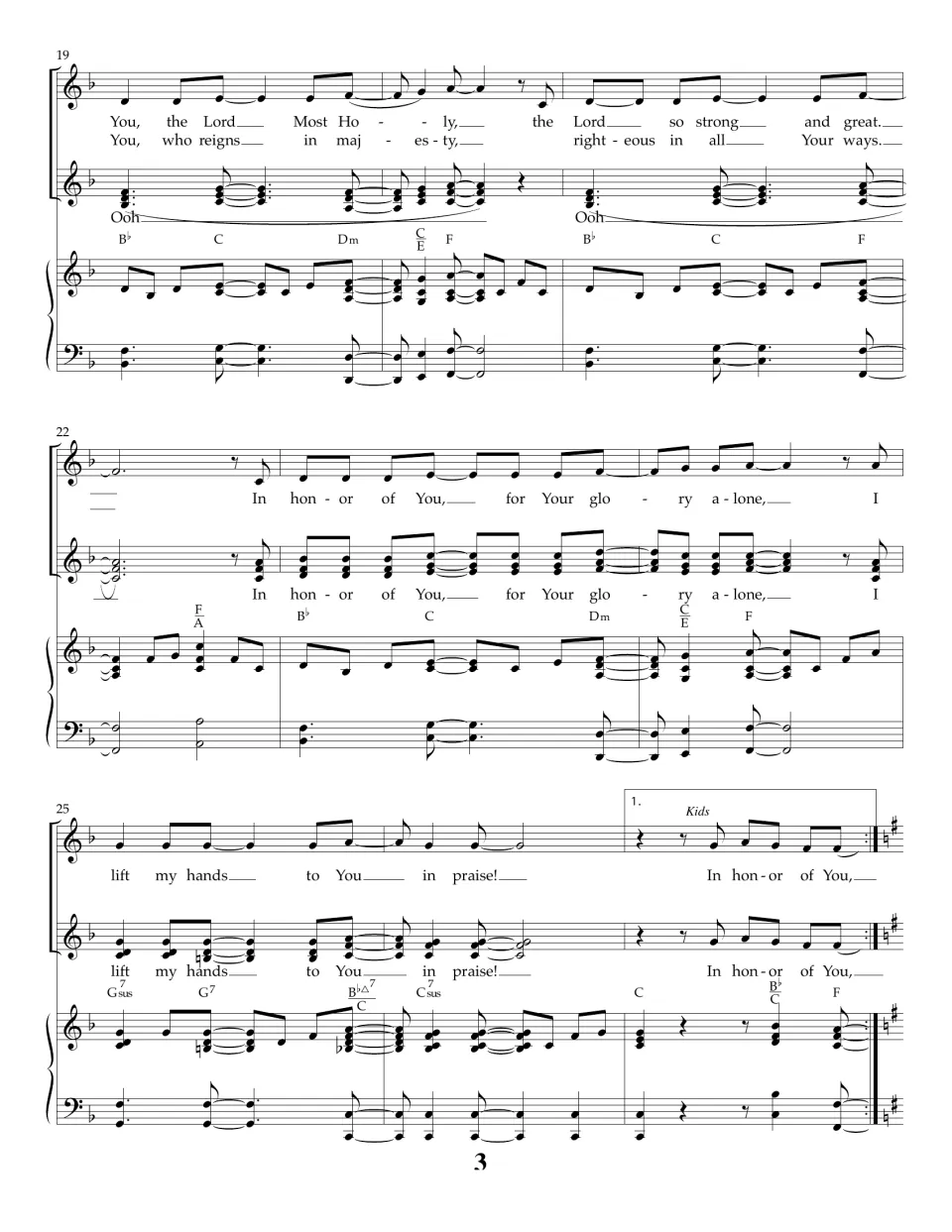Measures 19-27: verse "You, the Lord Most Holy" with Ooh harmony part, chorus repeat and first ending before a key change