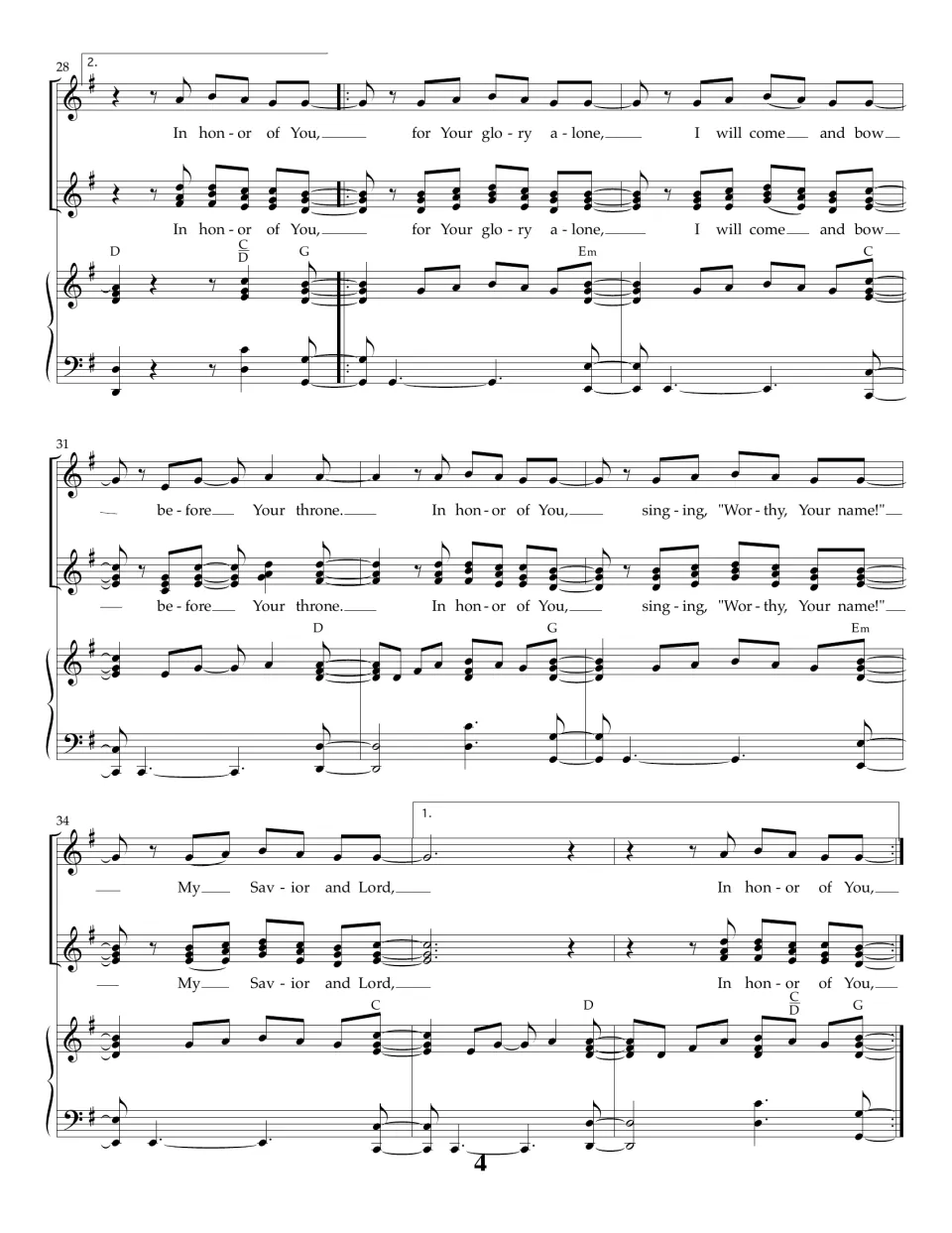 Measures 28-36 after the key change to G major: second ending and repeated chorus in two-part harmony with chord symbols
