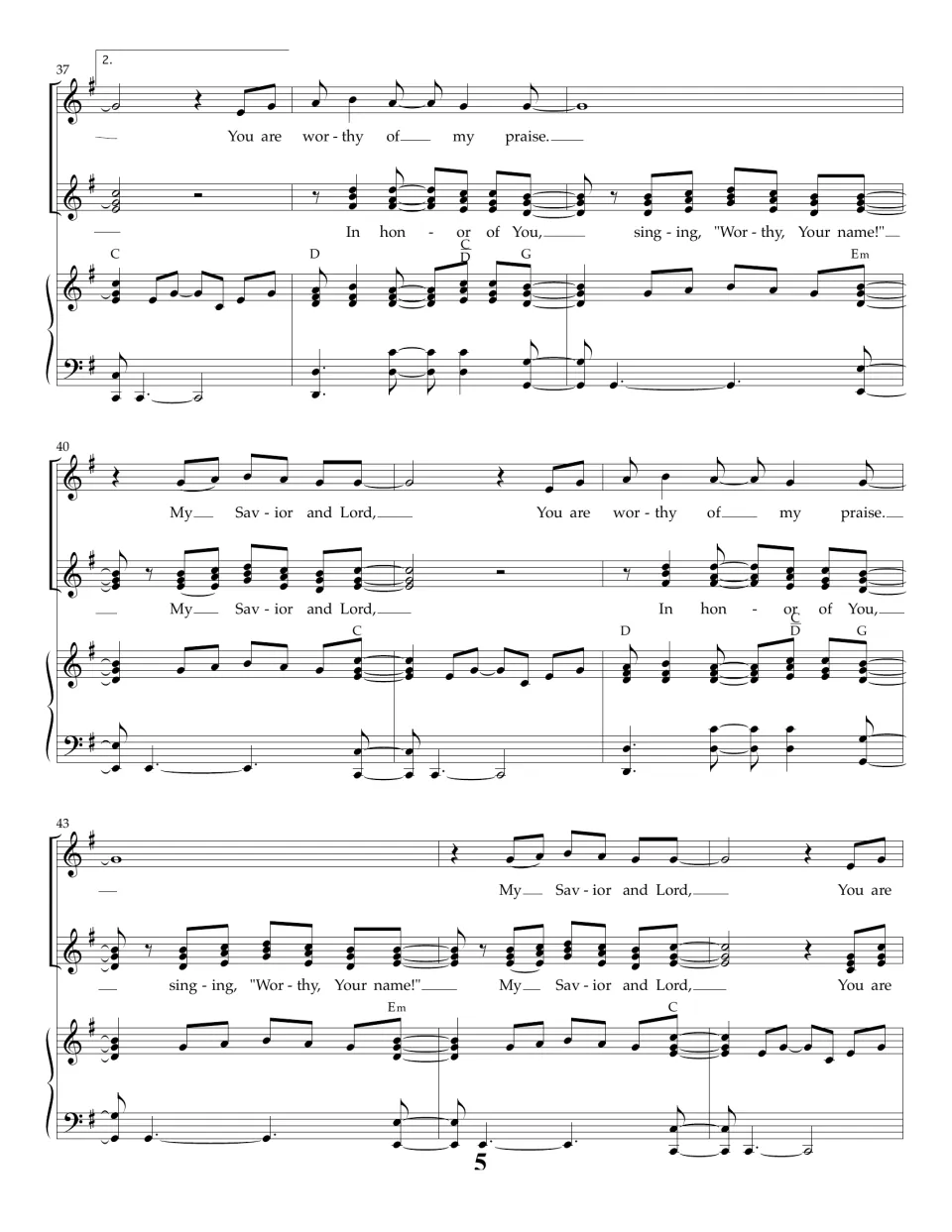 Measures 37-45 in G: melody sings "You are worthy of my praise" while the second part sings the chorus as a countermelody