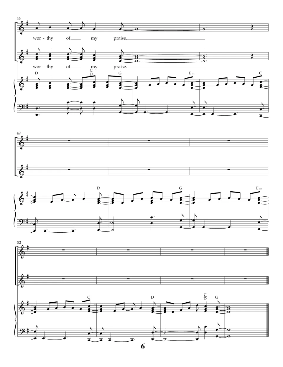 Final measures 46-55: last "worthy of my praise" held, then voices rest while the piano plays the closing outro