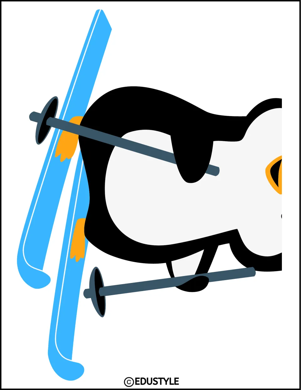 Enlarged penguin decoration section for the winter display, showing its body, blue skis, and dark ski poles