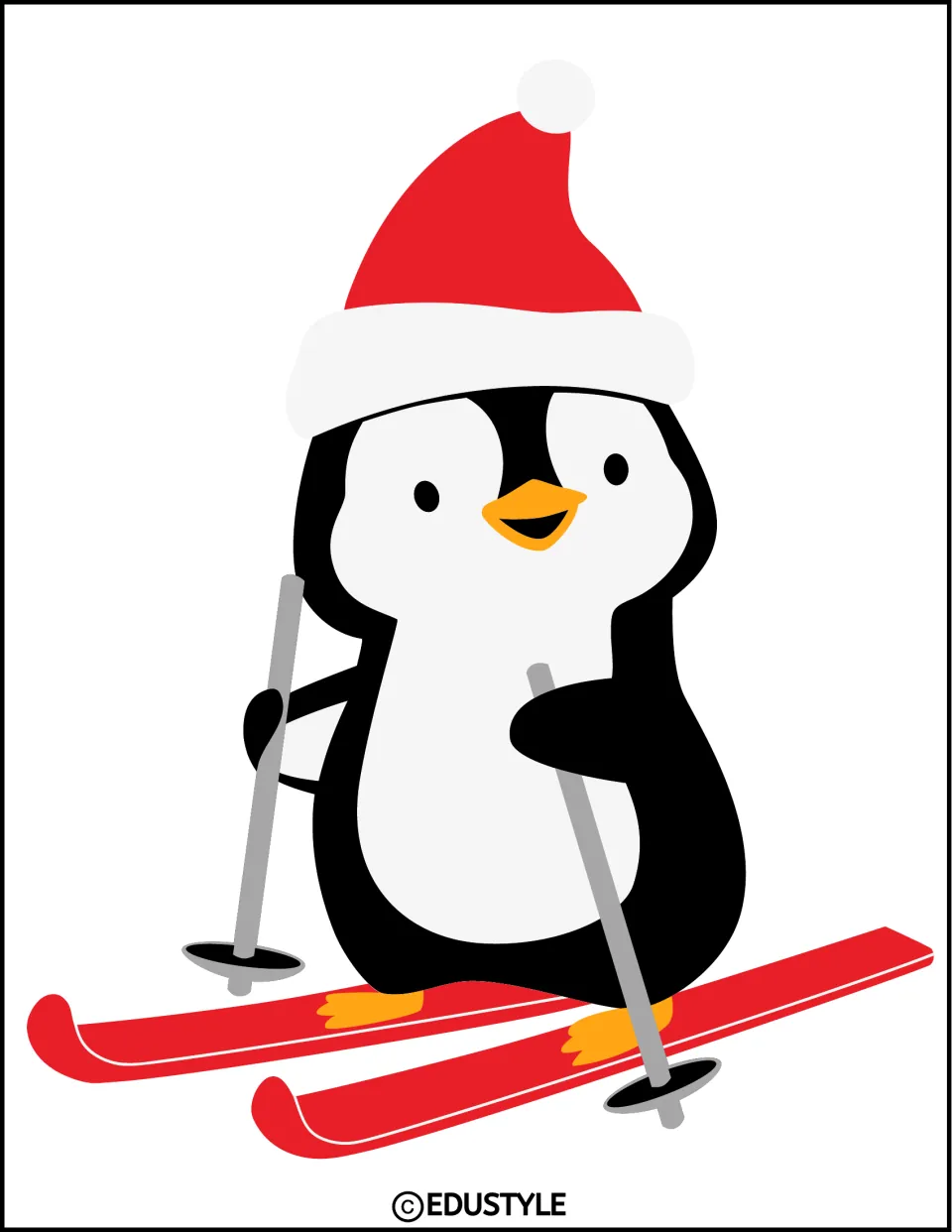 Whole skiing penguin decoration for the winter display, wearing a red hat with its red ski tips pointing left