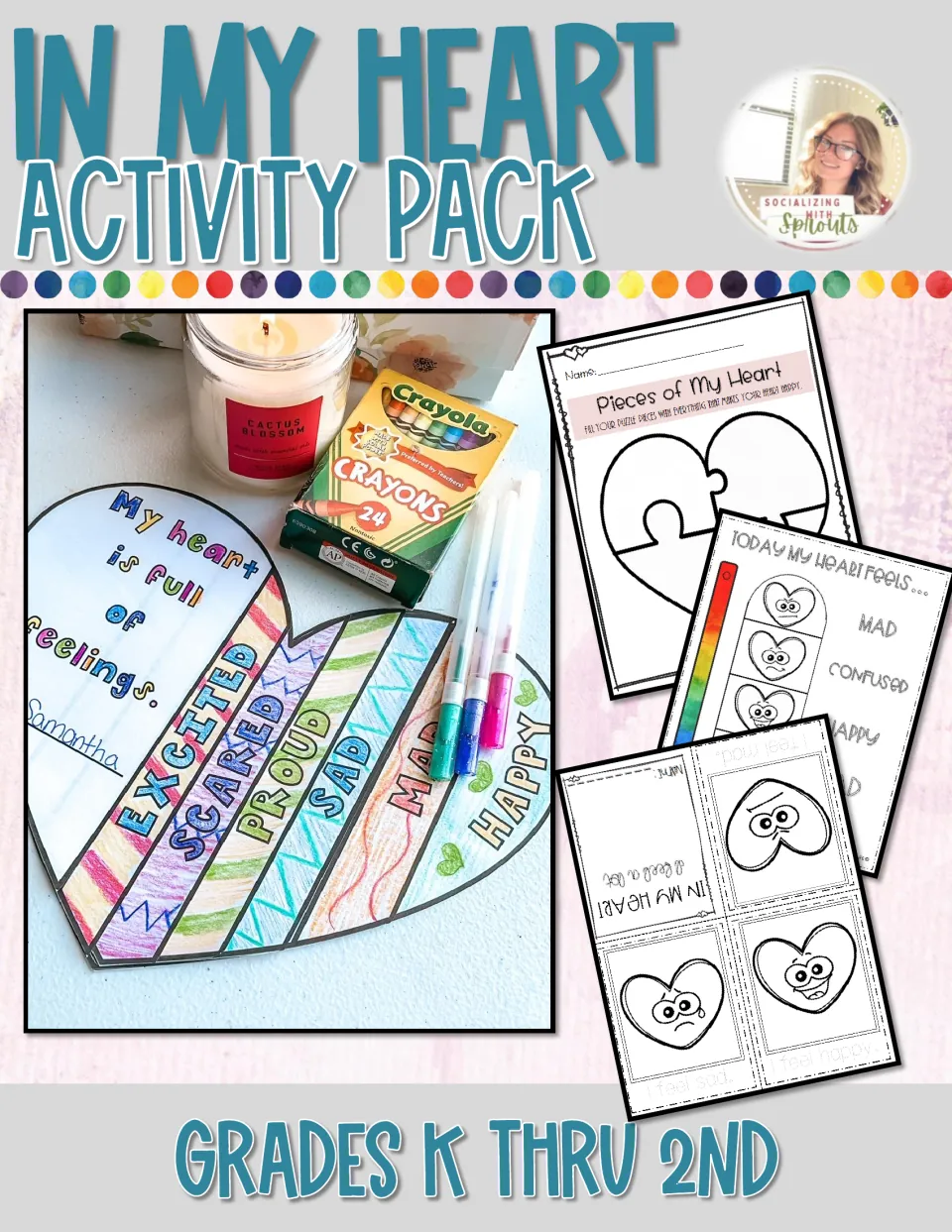 Cover: In My Heart activity pack showing a feelings flip book, puzzle heart, mood meter and fold-up mini book
