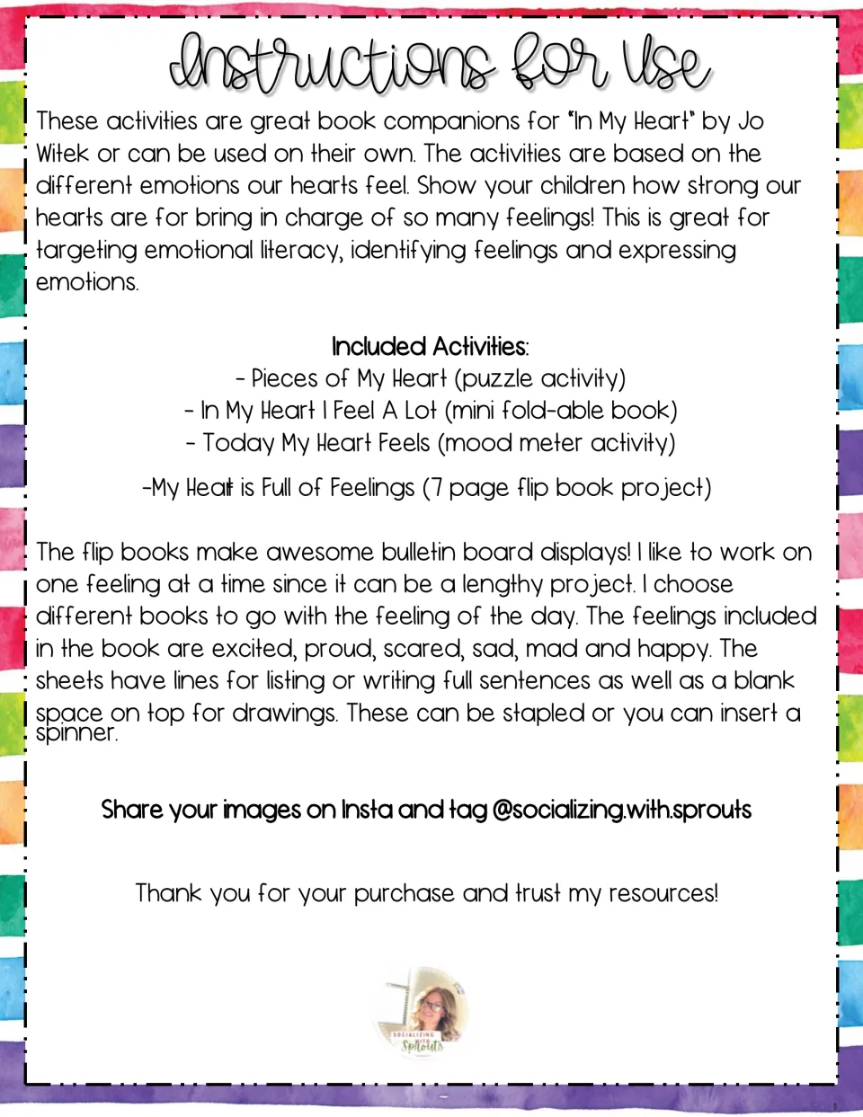 Instructions for use listing four feelings activities: puzzle, fold-able mini book, mood meter and 7-page flip book
