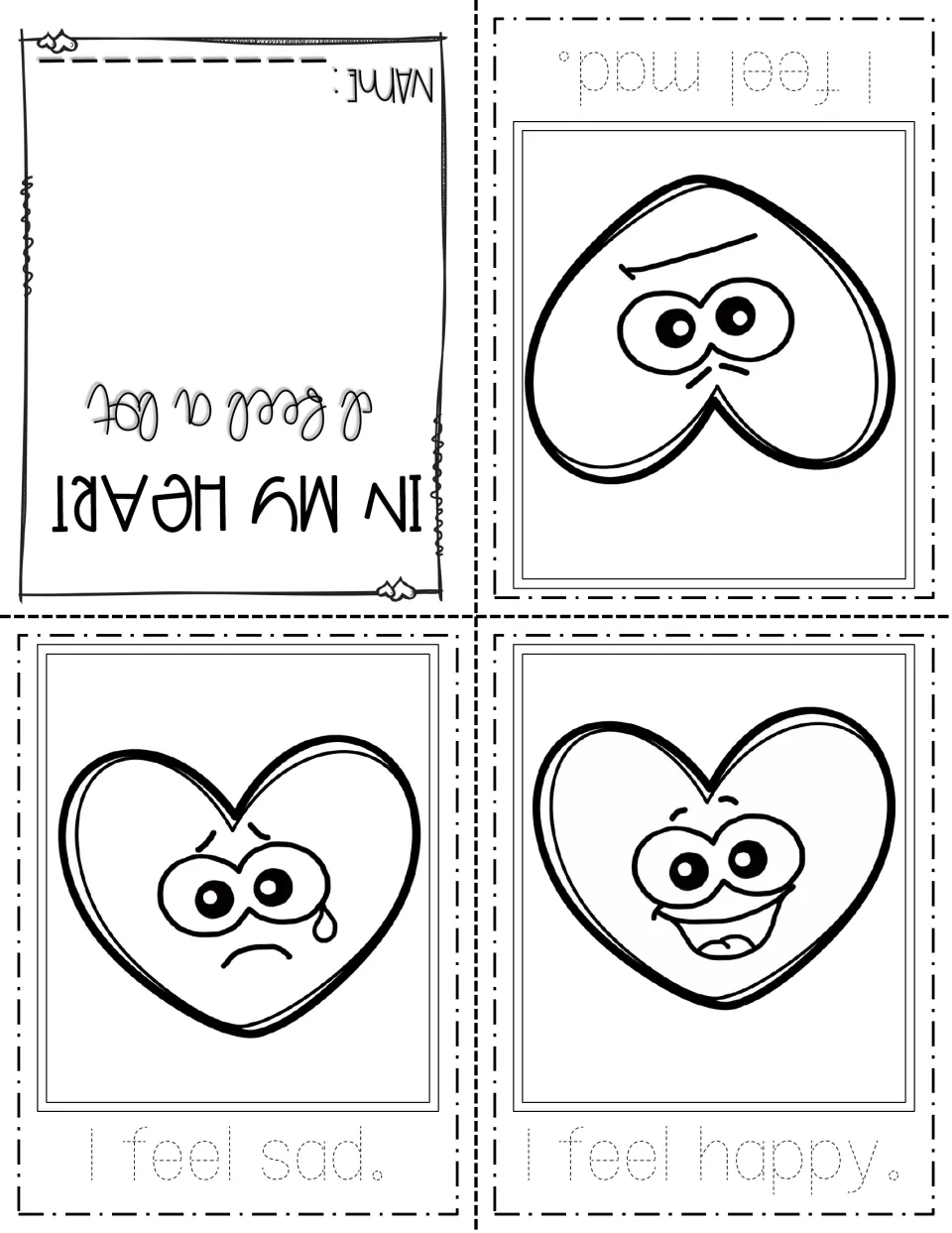 Feelings mini book to cut and fold: I feel happy, sad and mad pages with heart faces and dotted sentences to trace