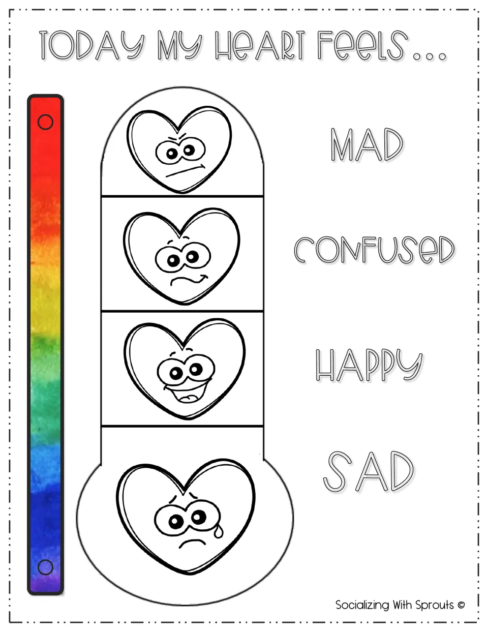 Today my heart feels: mood meter with a rainbow strip and heart faces for mad, confused, happy and sad check-ins