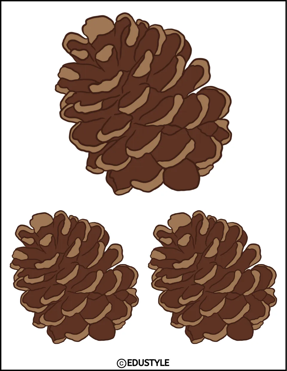 Three brown pinecone cutouts tilted left, one larger and two smaller, for the fall bulletin board or door decor