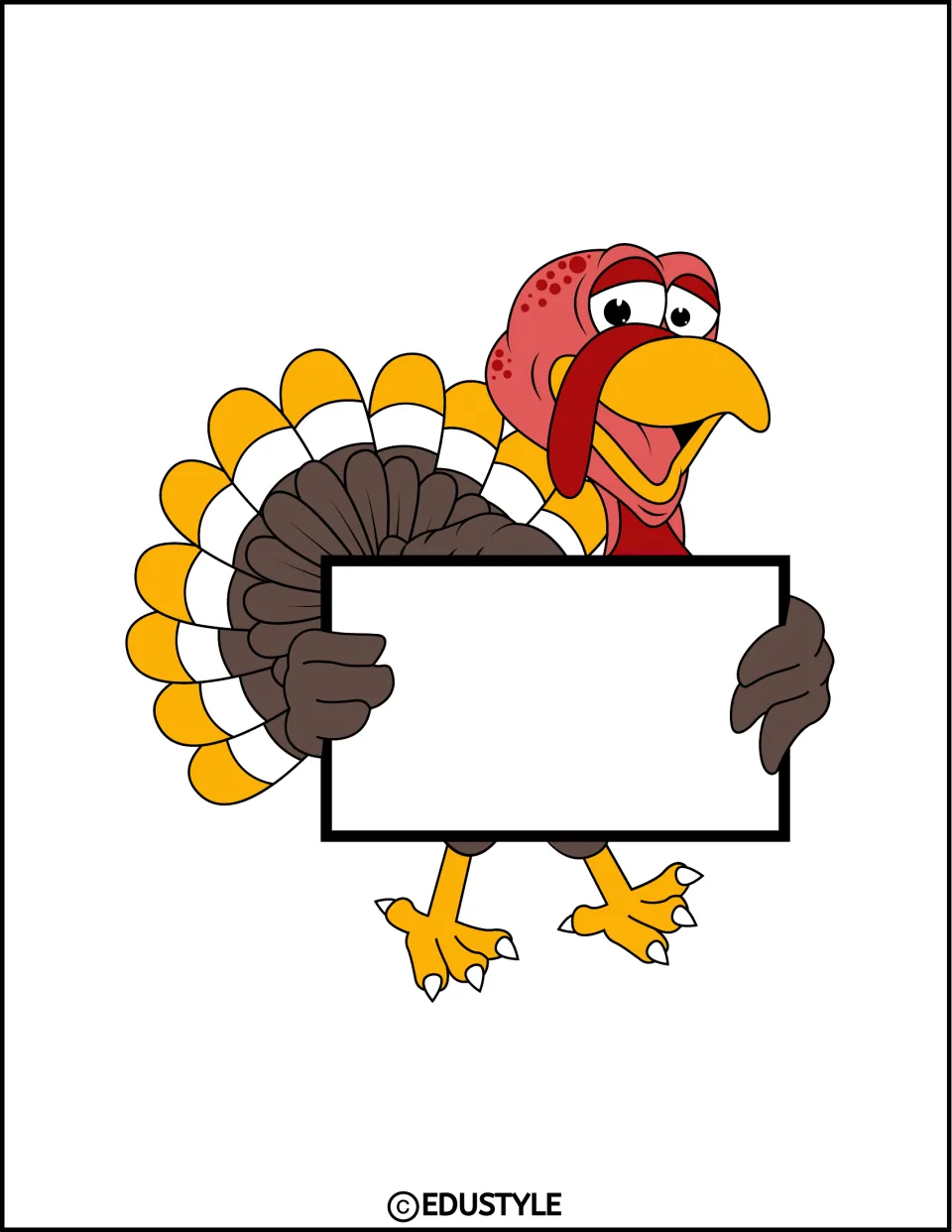 Smaller turkey cutout holding a blank sign for the Thanksgiving bulletin board or classroom door decor
