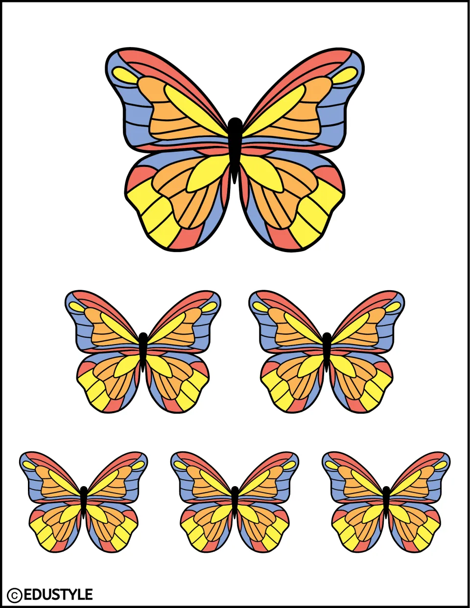 Six matching multicolored butterfly decorations in three sizes for spring bulletin boards and door decor