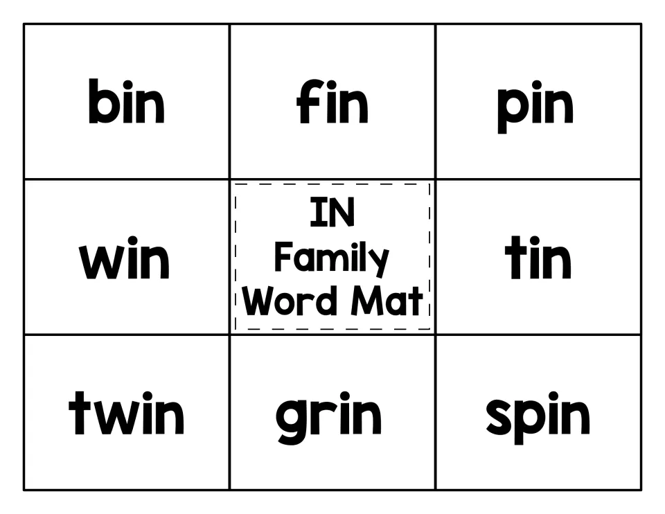 IN family word mat: students read bin, fin, pin, win, tin, twin, grin and spin and match a picture card to each word