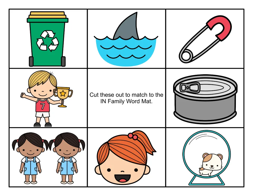-in picture cards in color to cut out: bin, shark fin, safety pin, trophy boy, tin can, twins, grin and hamster wheel