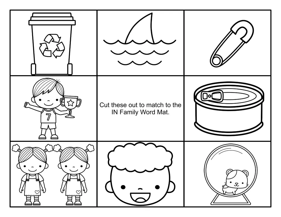 Black-and-white -in picture cards to cut and match: bin, fin, pin, trophy winner, tin can, twins, grinning face, hamster