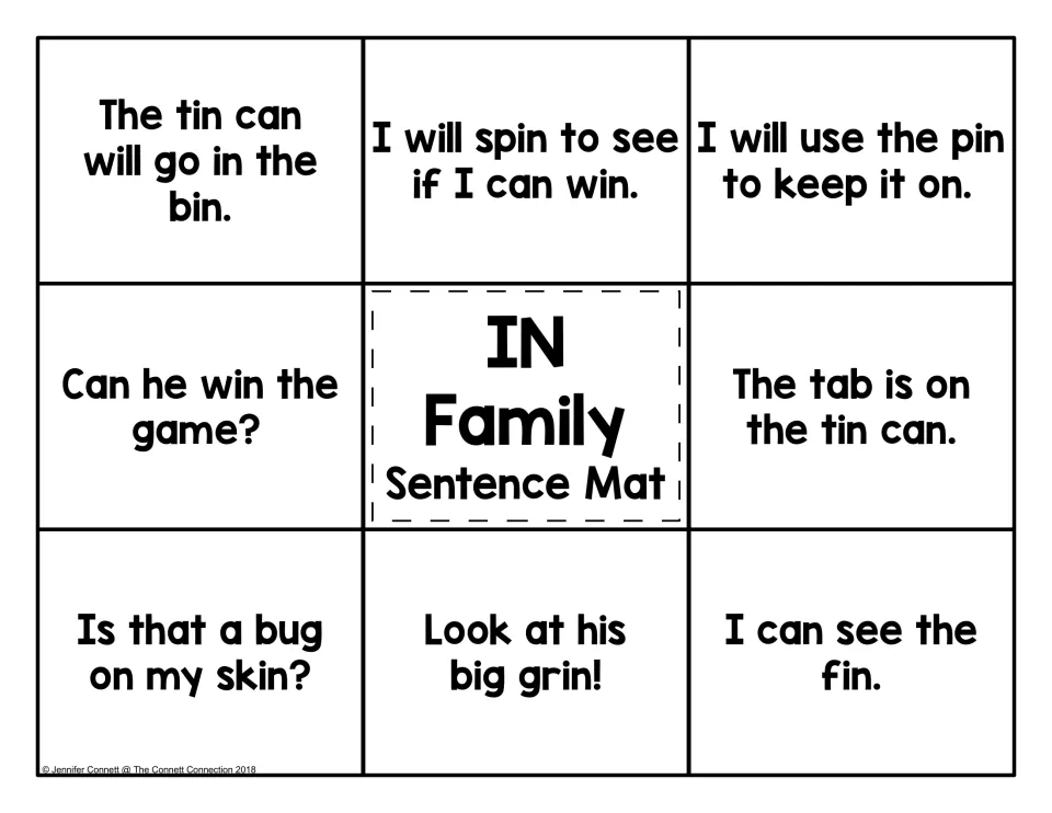 IN family sentence mat: students read eight -in sentences such as 'The tin can will go in the bin' and match a picture