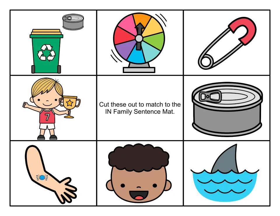 Color cut-out cards for -in sentences: can by a bin, prize wheel, pin, trophy boy, tin can, bug on arm, grin, shark fin