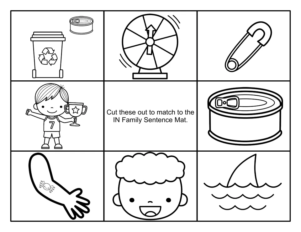 Black-and-white sentence-mat cards to cut out: can and bin, spinner, pin, boy with trophy, tin can, bug on skin, grin, fin