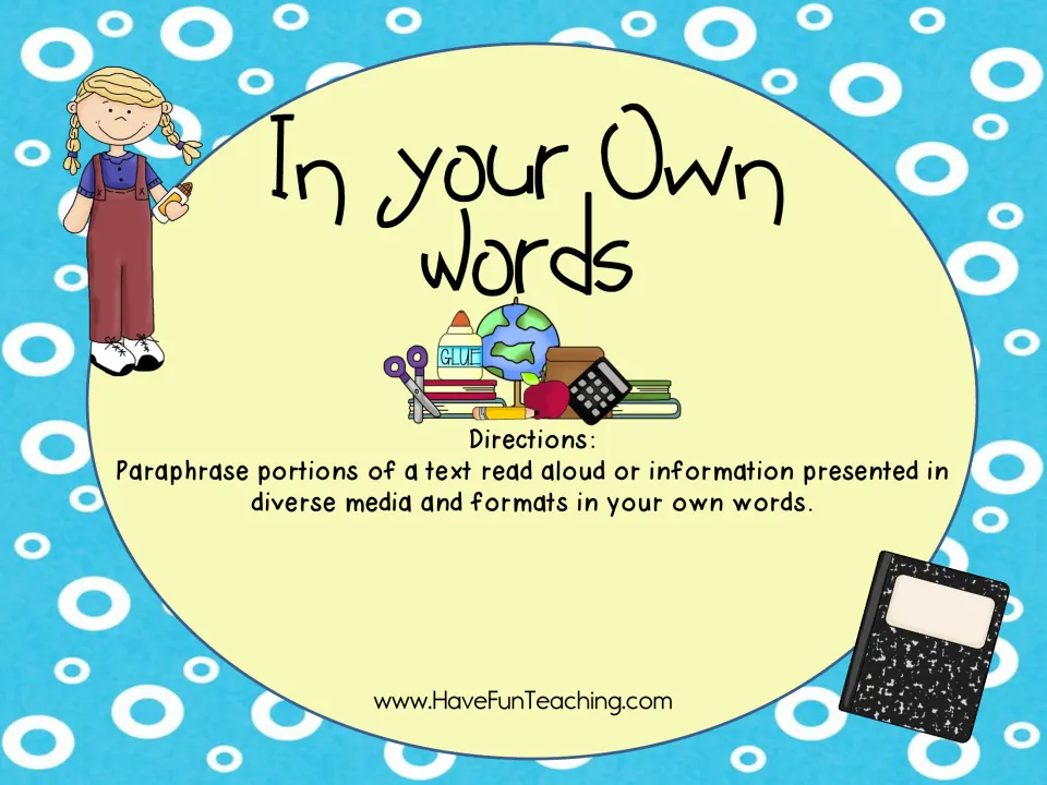 In Your Own Words cover with directions to paraphrase parts of a text read aloud or information from diverse media