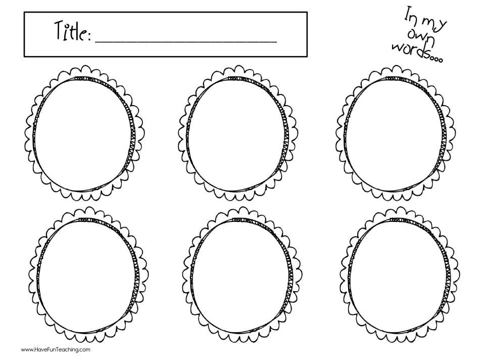 Paraphrasing a text: students write its title, then restate six of its key ideas, one per space, in their own language