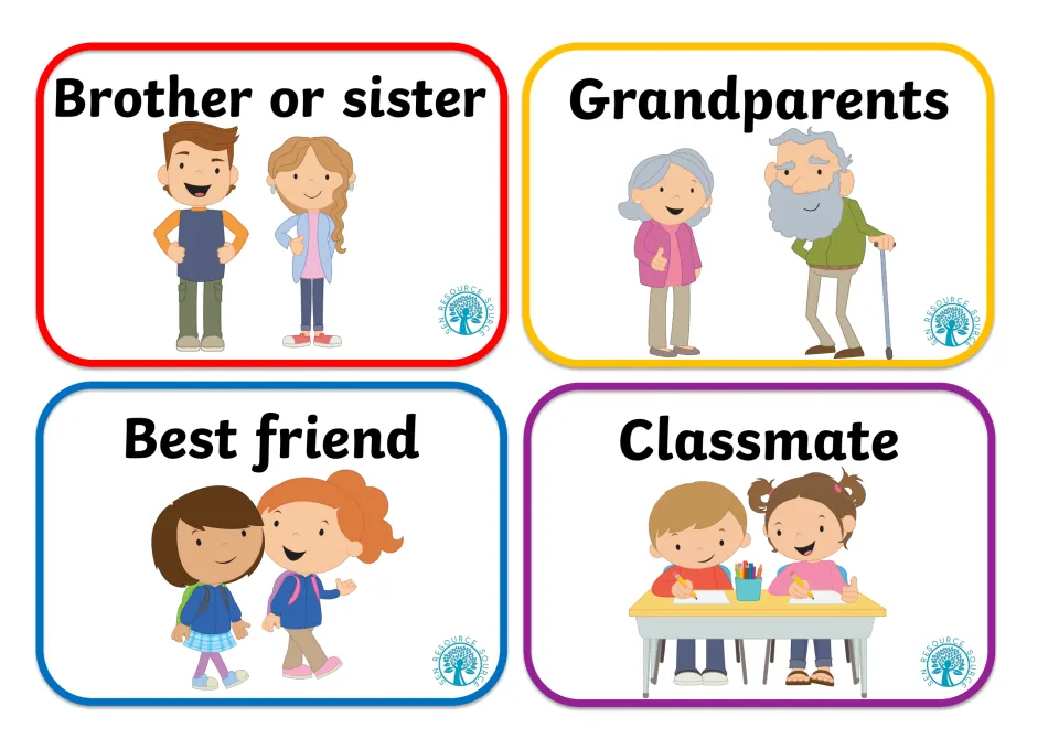 Family and peer picture cards: Brother or sister, Grandparents, friend and Classmate, each shown with a pair of cartoon people