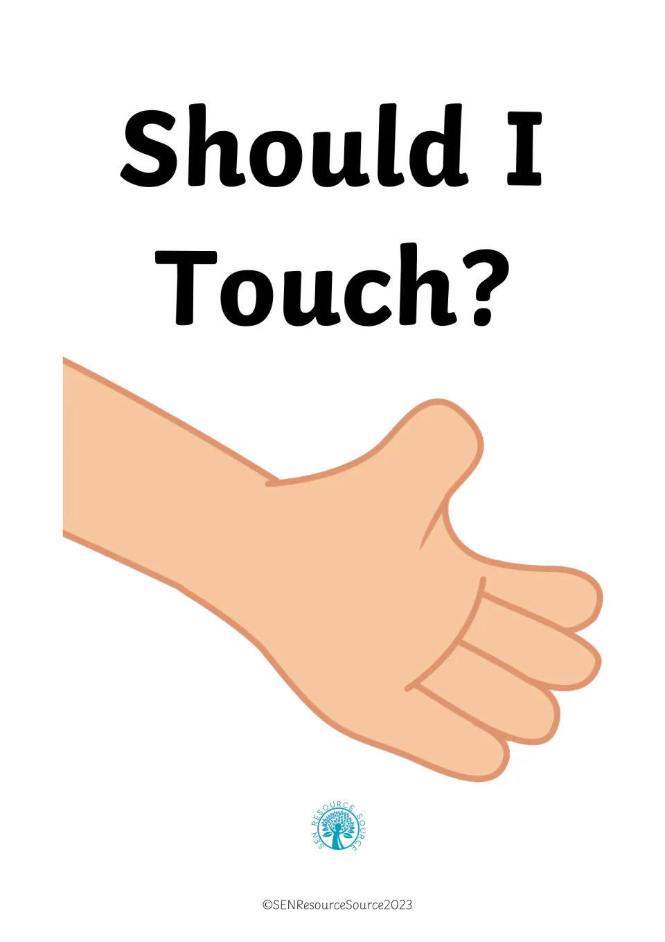 Should I Touch? social story cover showing the title above a drawing of an open hand reaching forward