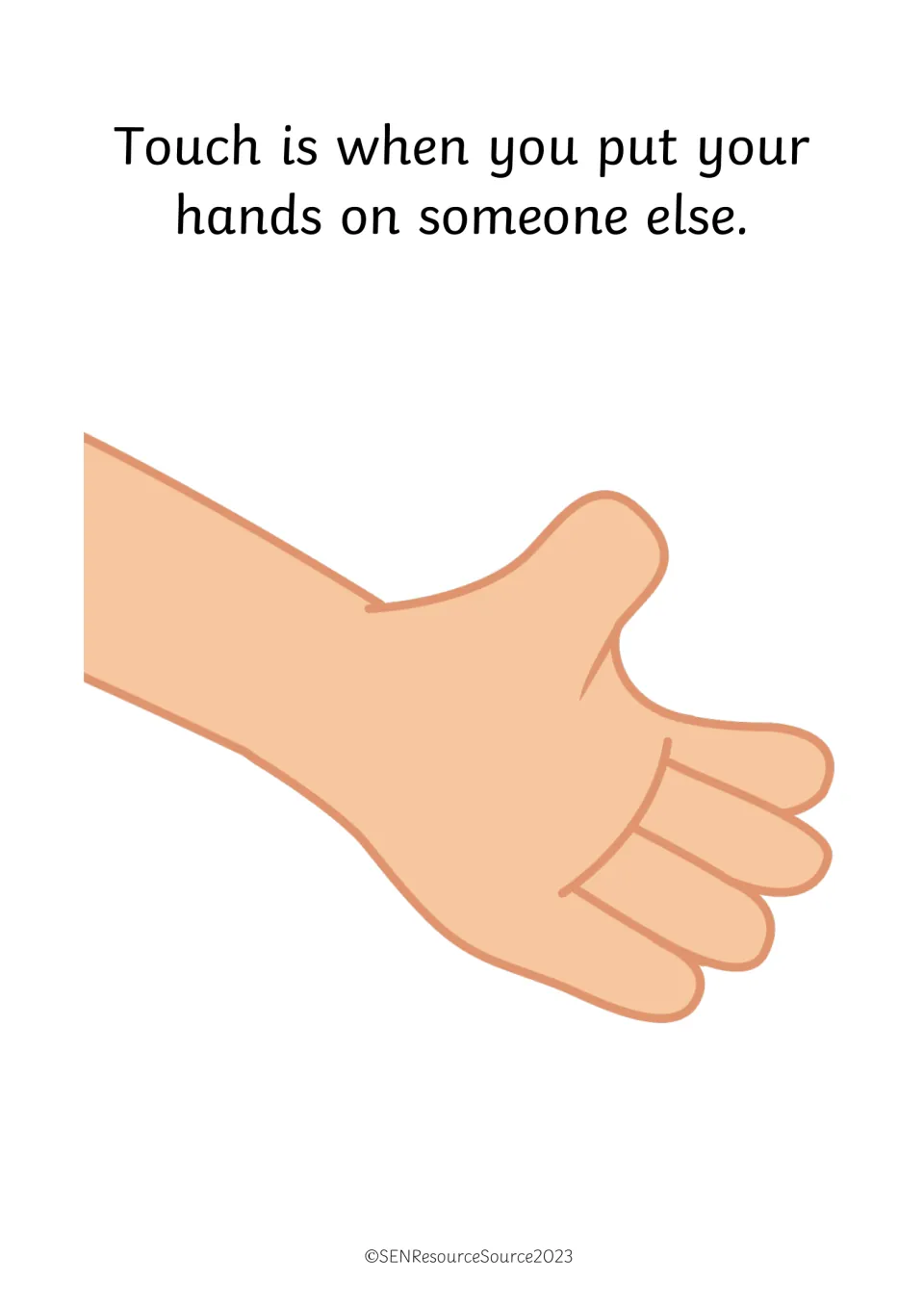 Defining touch: story page reads that touch is when you put your hands on someone else, shown with a reaching hand
