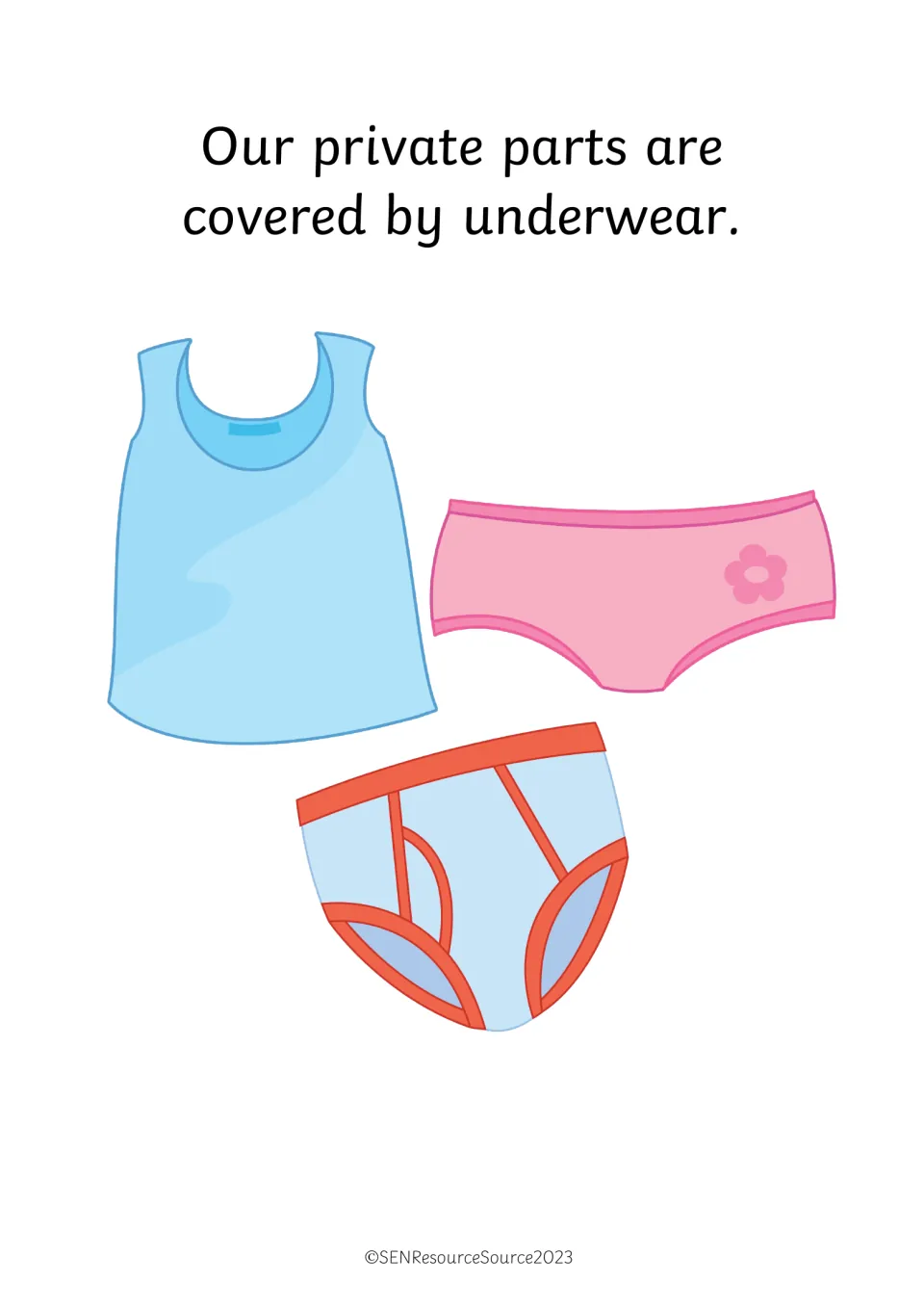 Private parts and underwear: page explains underwear covers private parts, pictured with a vest and two pairs of briefs