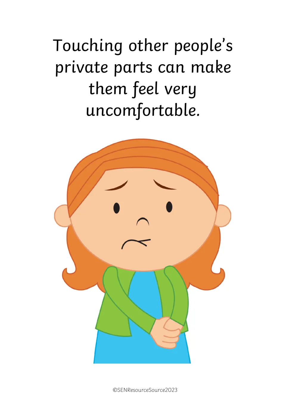 Understanding feelings: touching private parts can make others very uncomfortable, shown by a worried girl