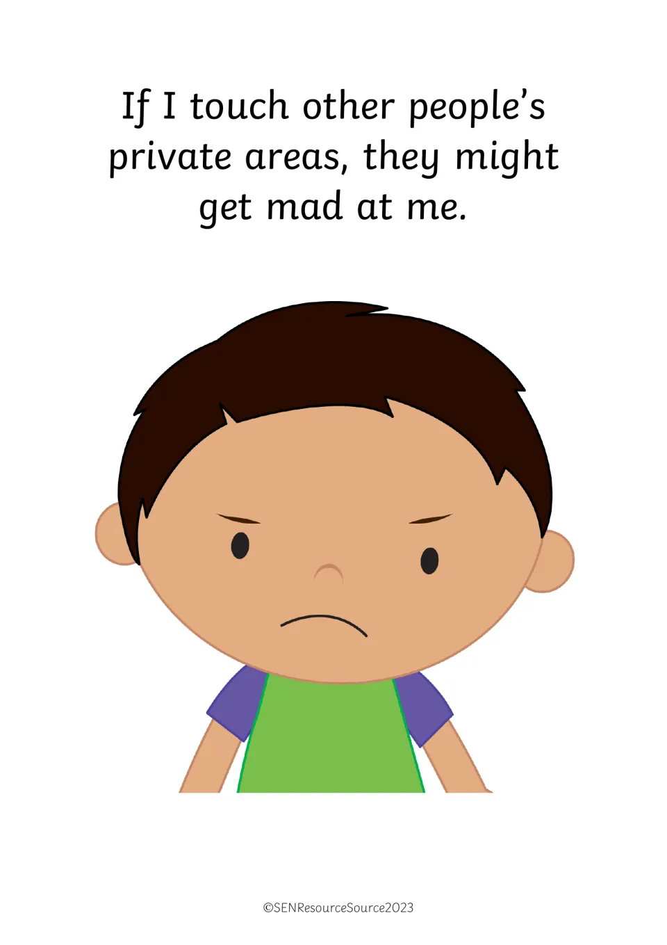 Consequences of touching: others might get mad at me if I touch their private areas, with a frowning boy drawing