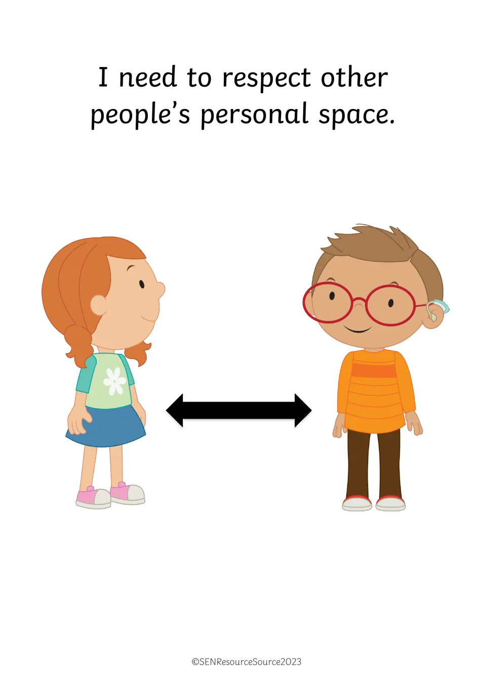Personal space: I need to respect other people's personal space, shown by two children with an arrow between them