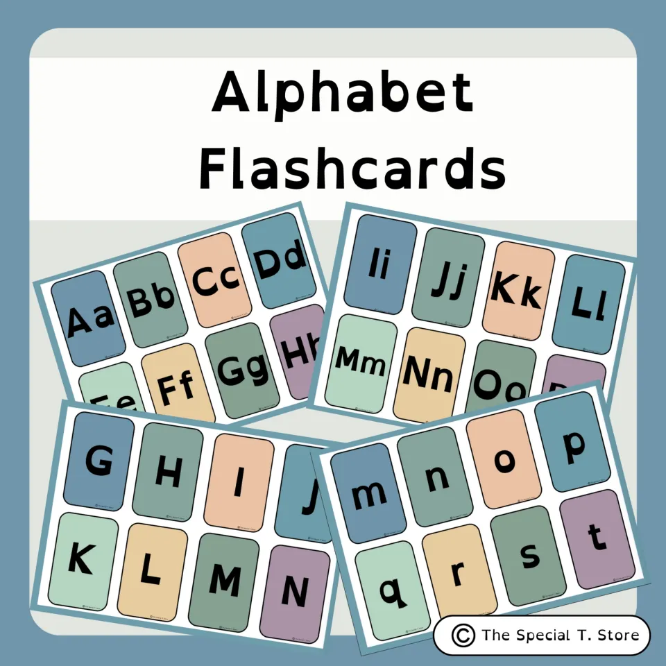 Alphabet Flashcards cover showing sample cards with paired uppercase and lowercase letters and single letters