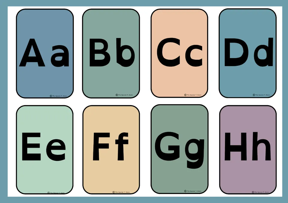 Eight alphabet flashcards pairing uppercase and lowercase letters A–H: Aa, Bb, Cc, Dd, Ee, Ff, Gg, and Hh
