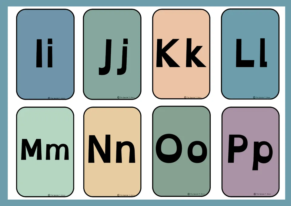Eight alphabet flashcards pairing uppercase and lowercase letters I–P: Ii, Jj, Kk, Ll, Mm, Nn, Oo, and Pp